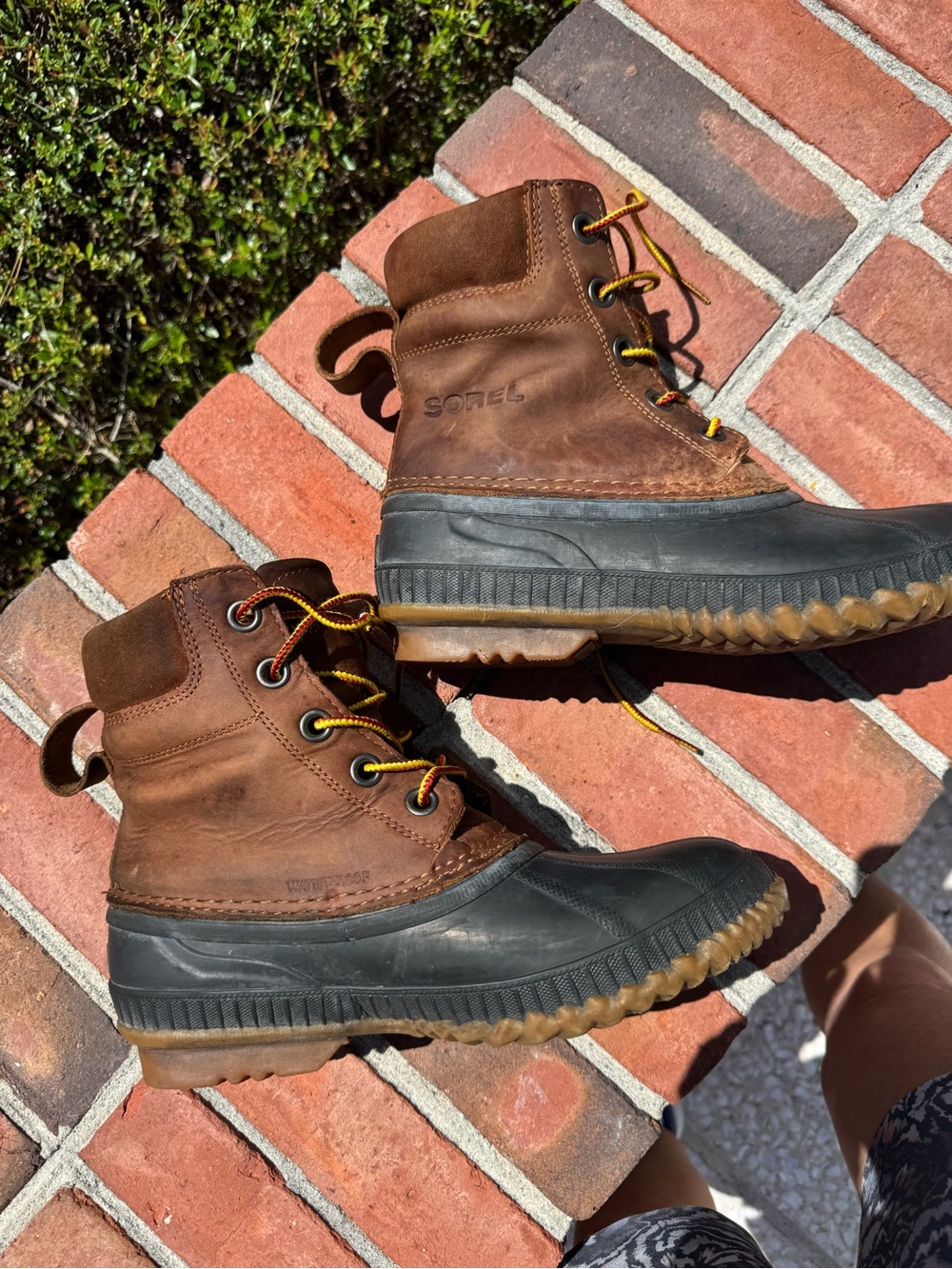 Sorel Brown Leather and Black Rubber Duck Boots with Yellow Accent Laces - Picture 4 of 5